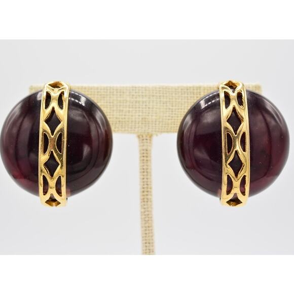 Givenchy Vintage Cabochon Clip On Earrings Chunky Lucite Purple Signed 80s BinAG - Picture 1 of 12